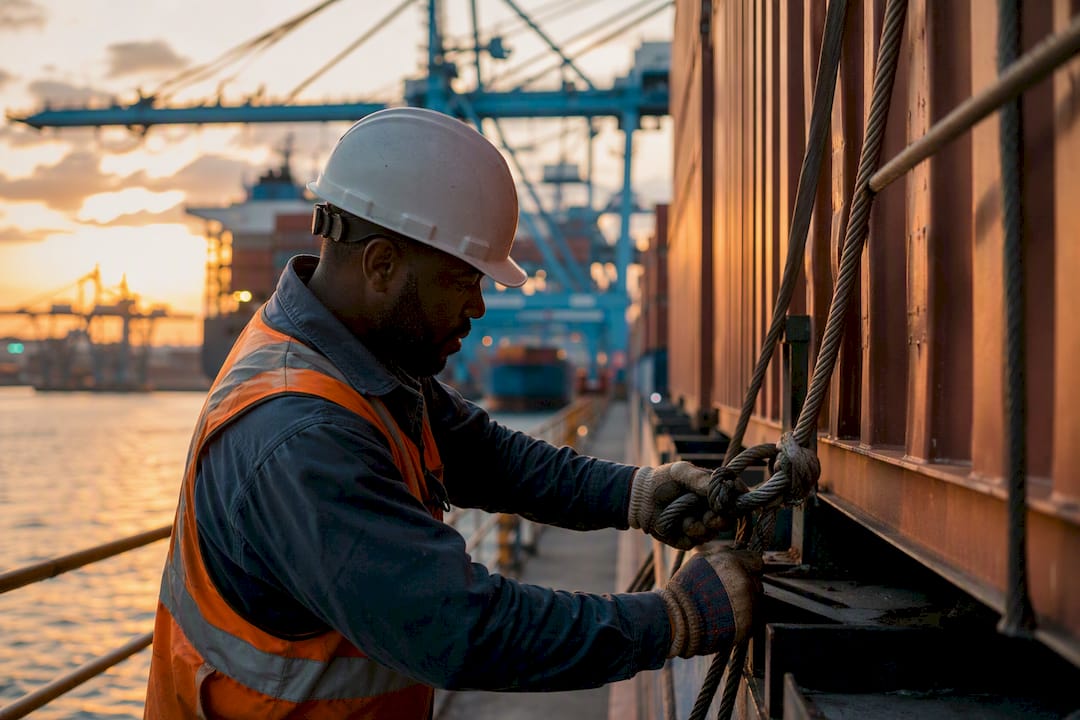 Worker securing sea freight container cable