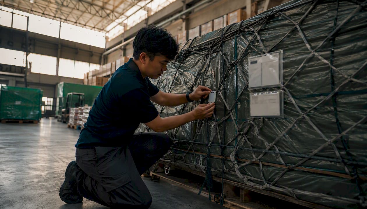 Hands tagging parcel with RFID sensor