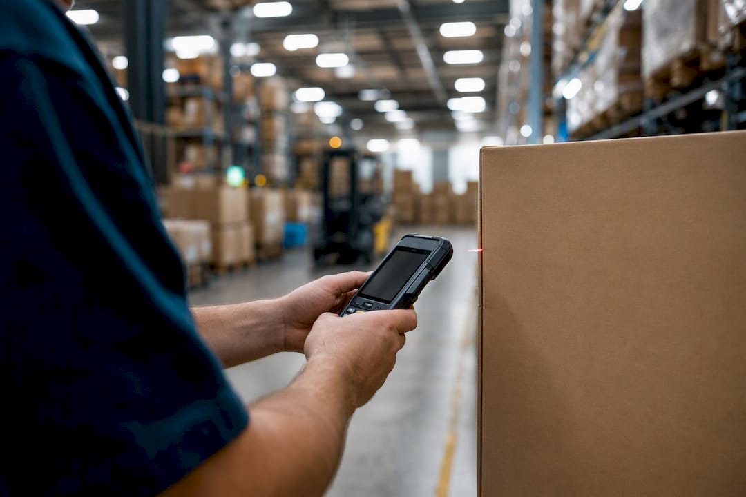 Hands scanning package with device in warehouse