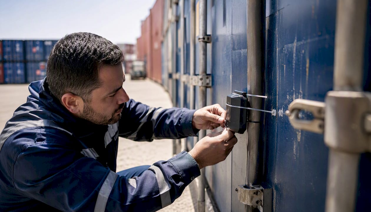 Technician attaching sensor to shipping container