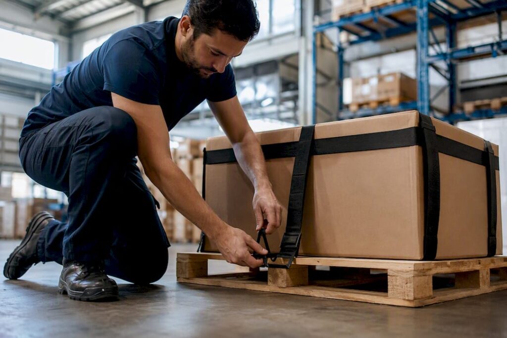 Worker securing cargo package in warehouse