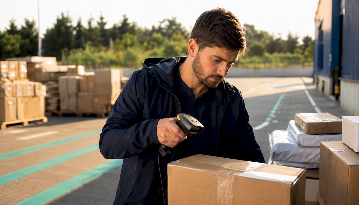 Worker scanning ecommerce parcels in warehouse
