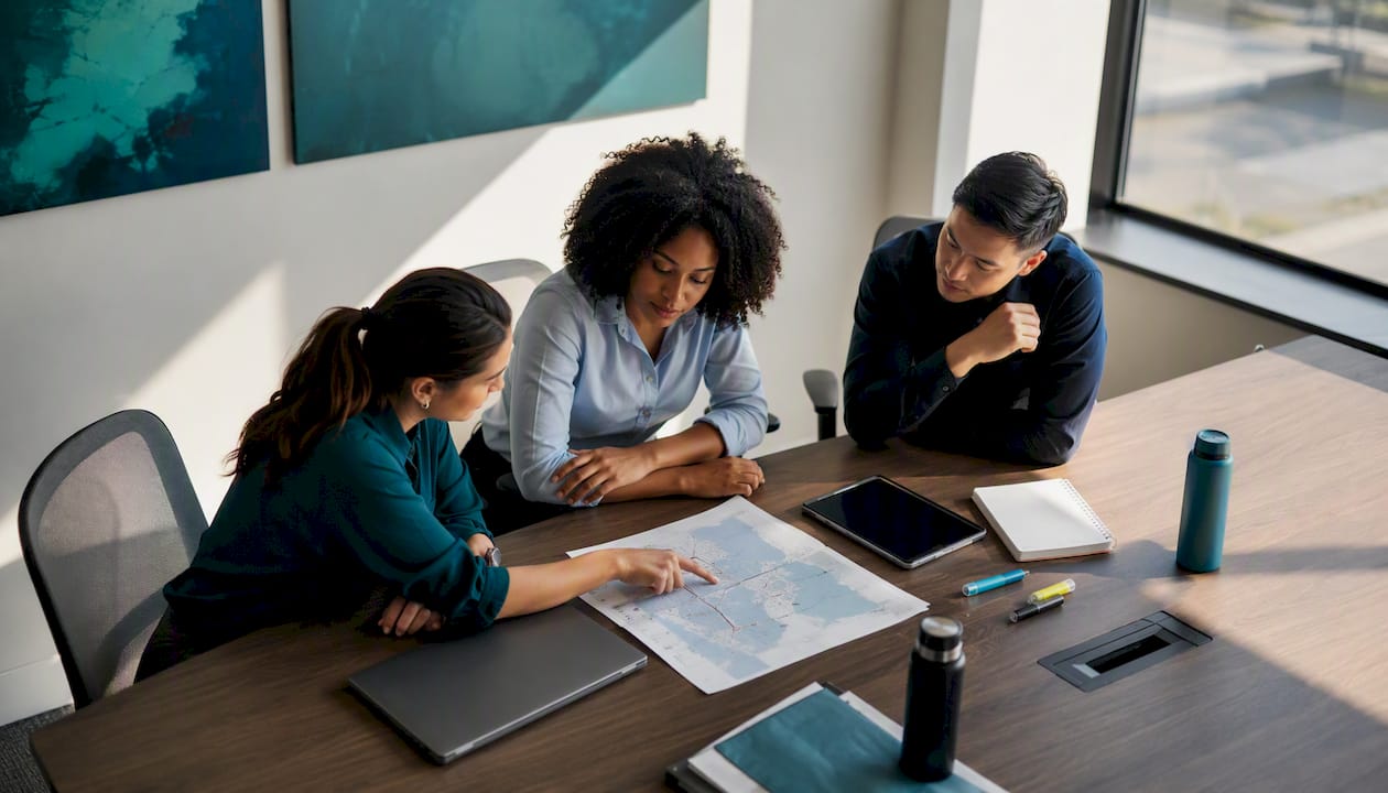 Logistics team collaborating in office