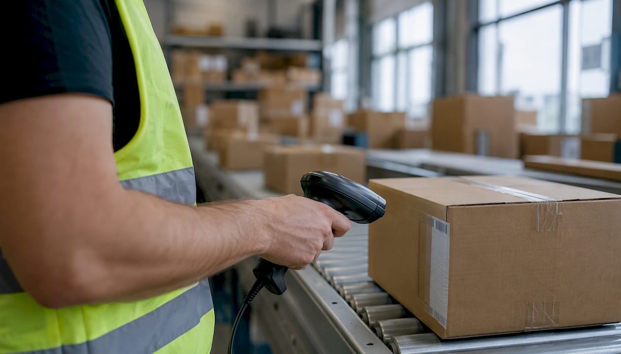 Warehouse worker scanning parcels on conveyor