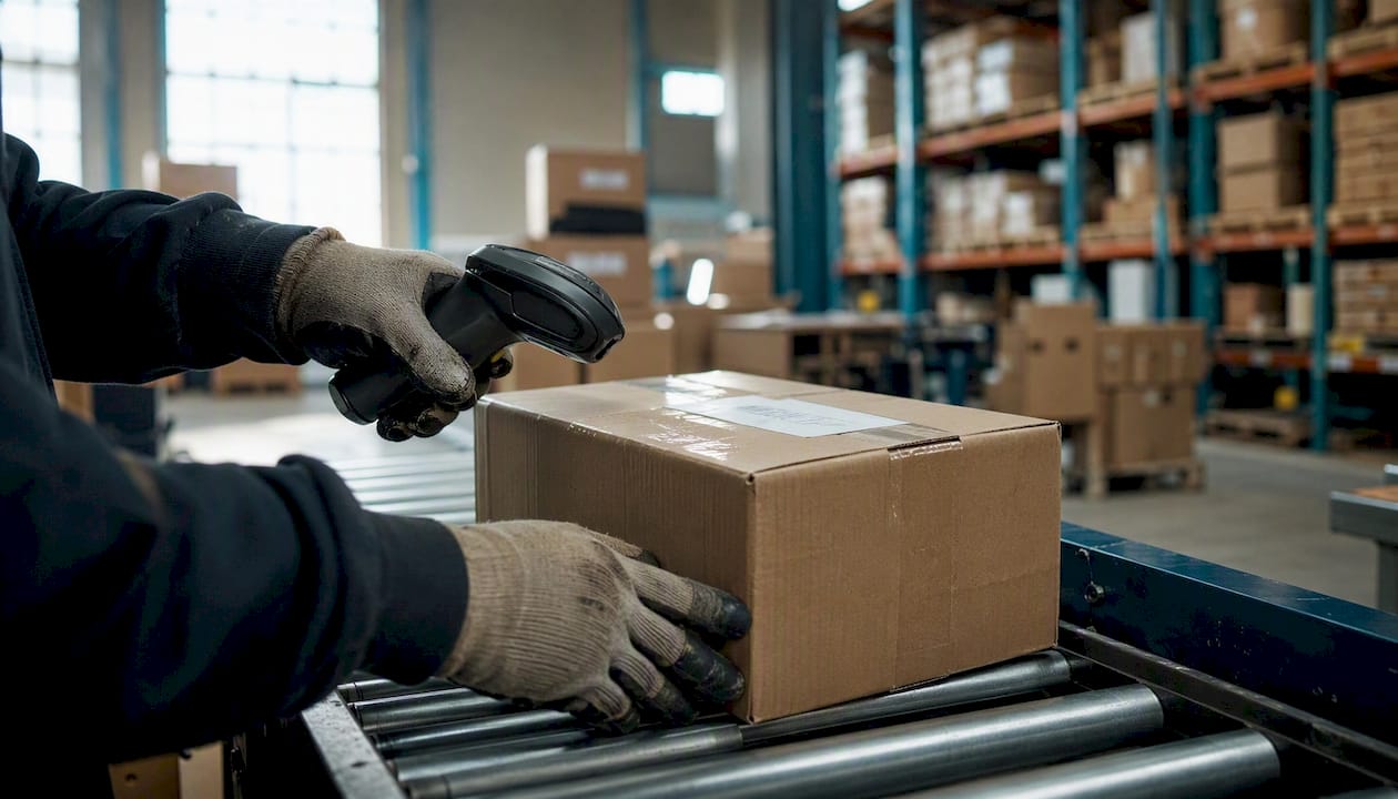 Hands scanning courier parcel in warehouse