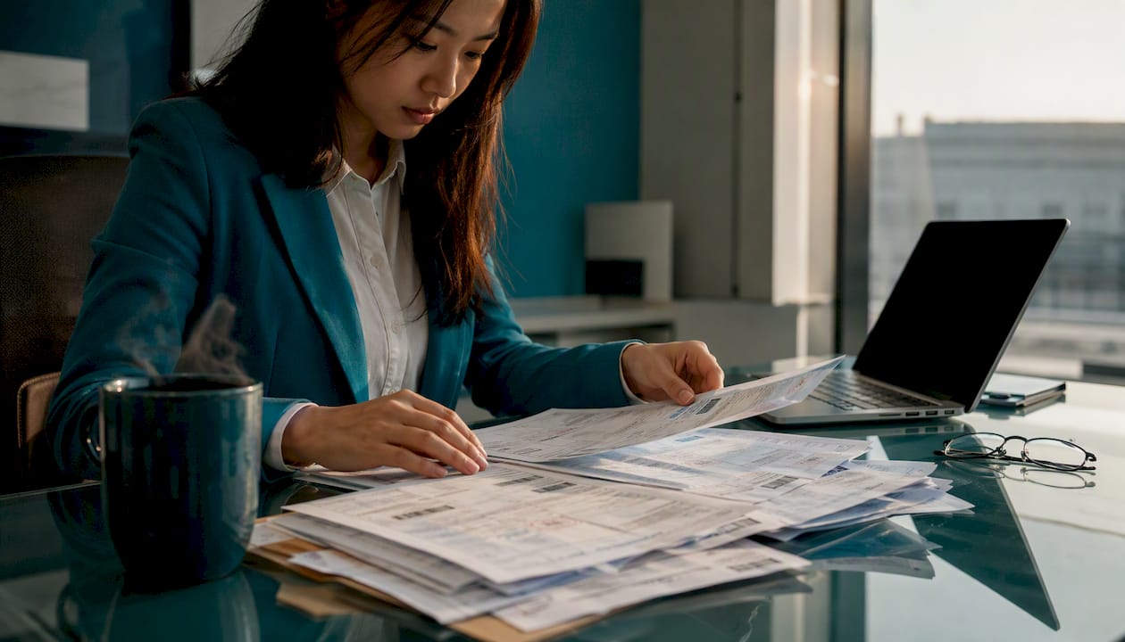 Customs broker organizing shipment paperwork overhead