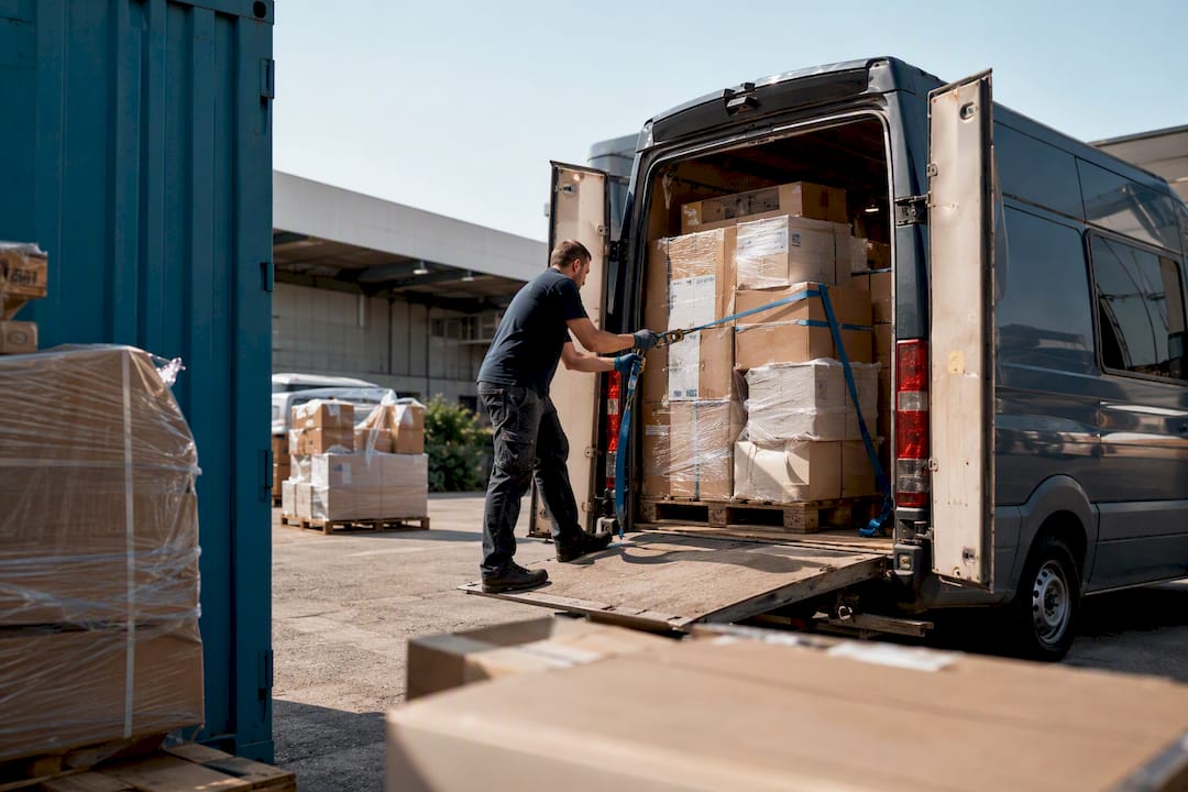 Worker securing shipments on freight truck