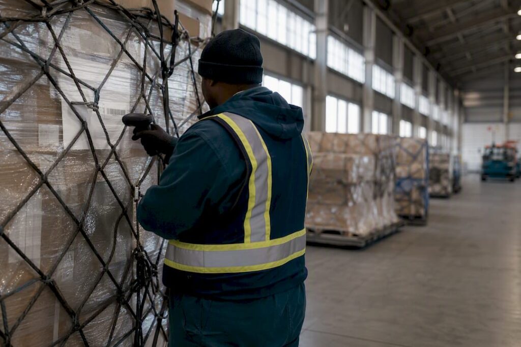 Worker scanning air freight container barcode
