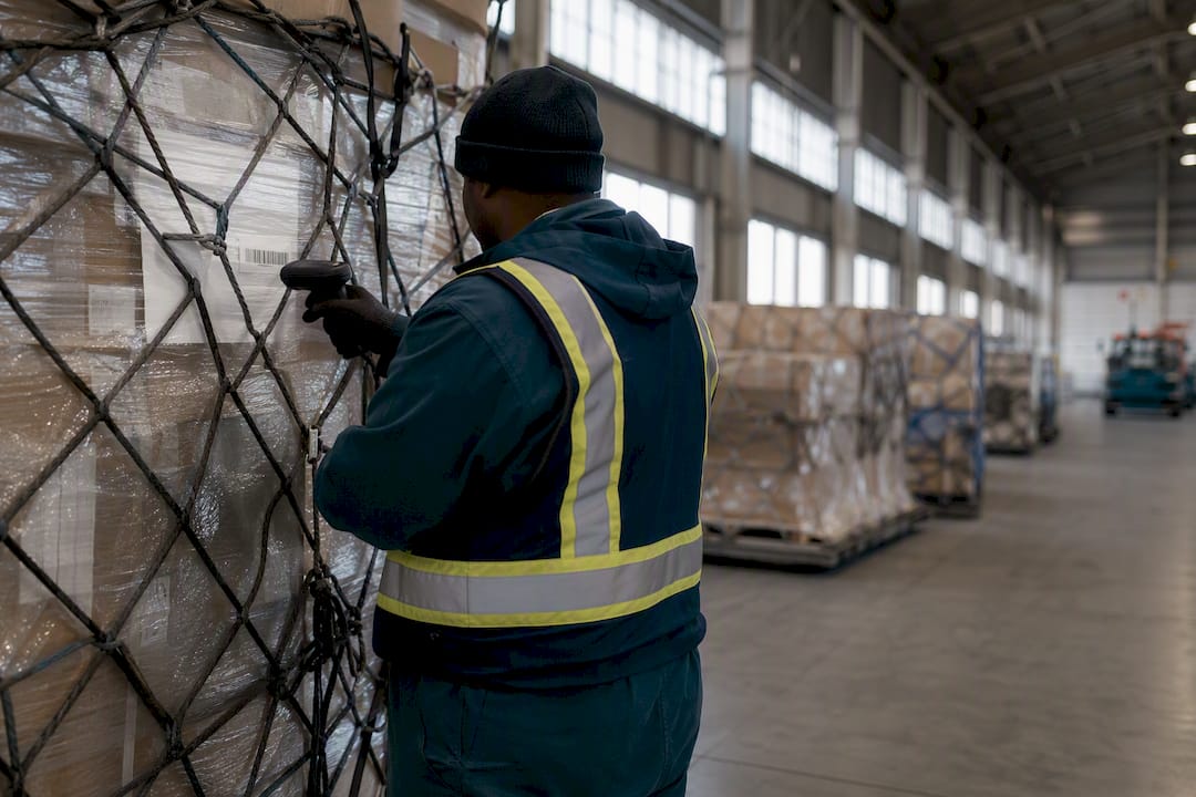 Worker scanning air freight container barcode