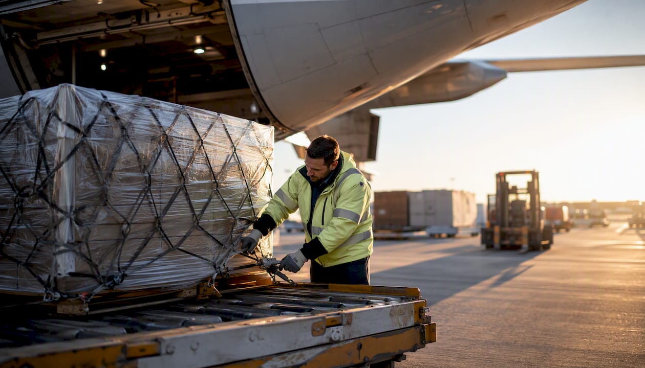 Worker securing air cargo pallet near airplane