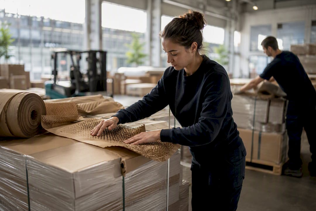 Hands consolidating freight loads with green packing materials