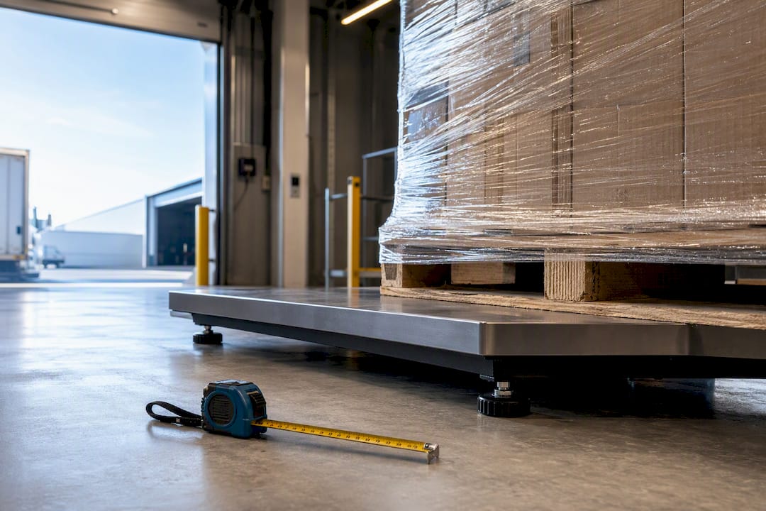 Freight pallet positioned on an industrial scale