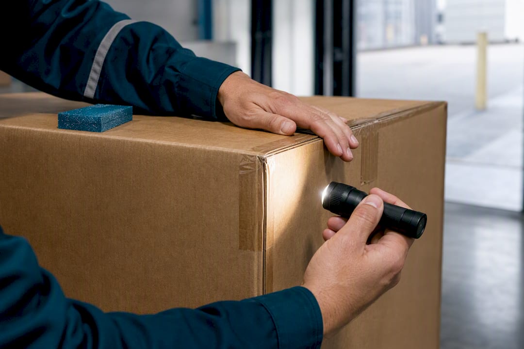 Hands inspecting carton before fulfillment