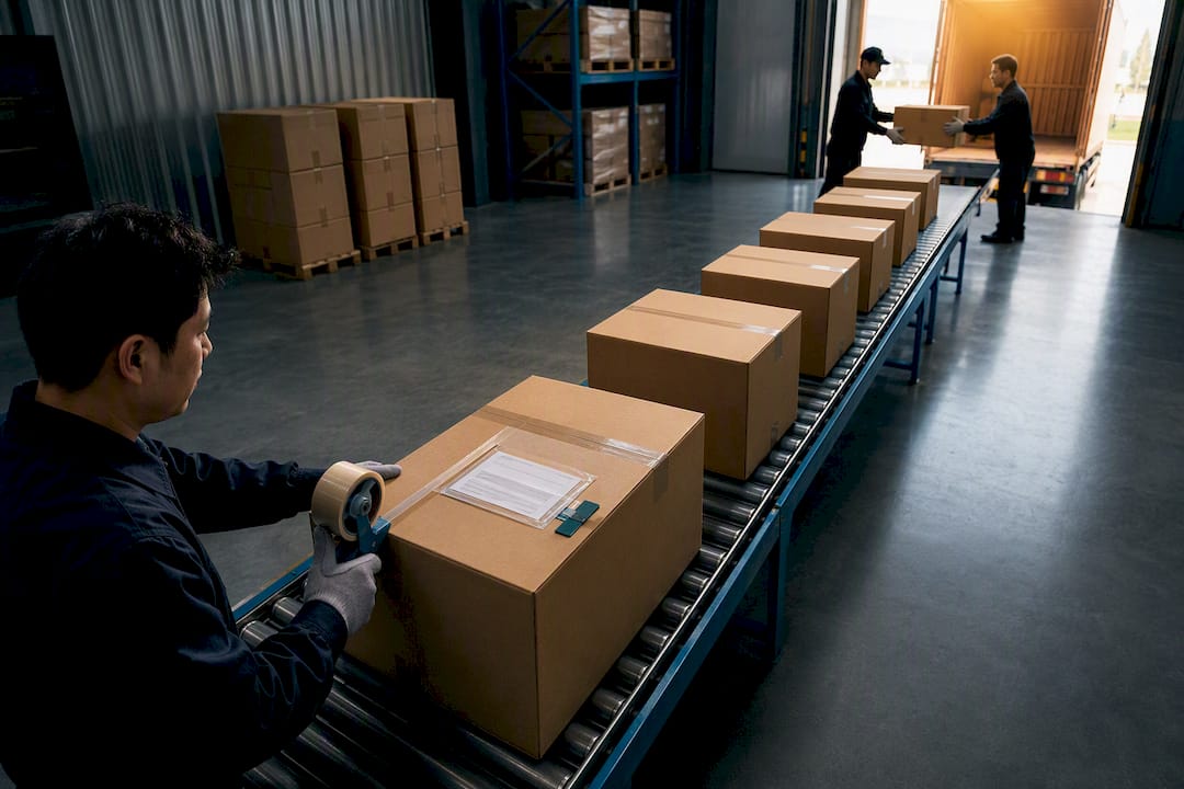 Export cartons staged for global fulfillment