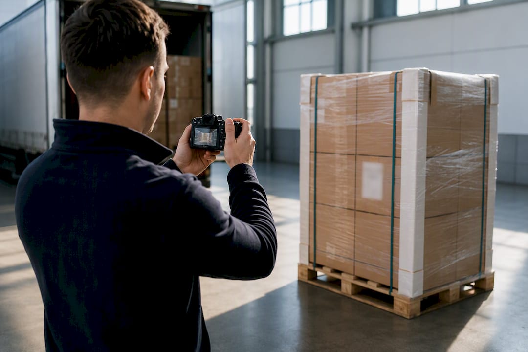 Worker photographing completed export pallet