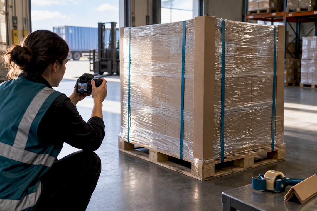 Worker photographing wrapped pallet before shipping