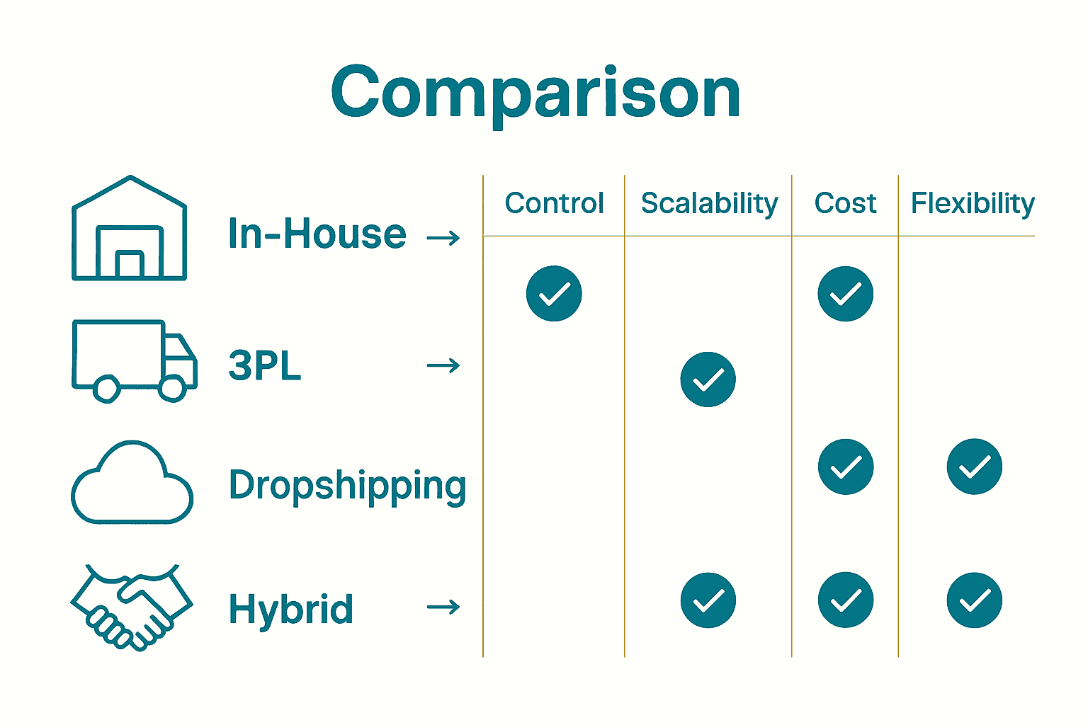 Infographic comparing ecommerce fulfillment models with icons and checkmarks.