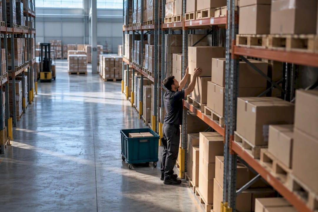 Worker replenishing reserve cartons in warehouse