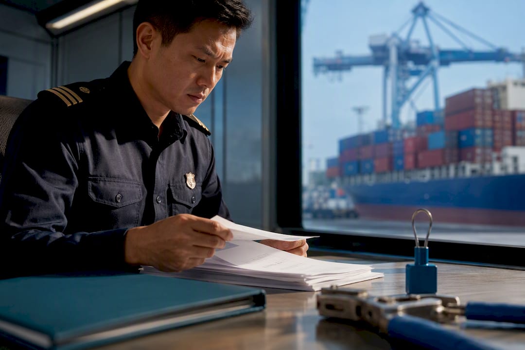 Customs examiner reviewing sea freight documents