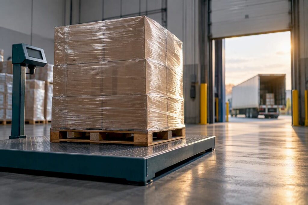 Loaded LTL pallet on industrial floor scale