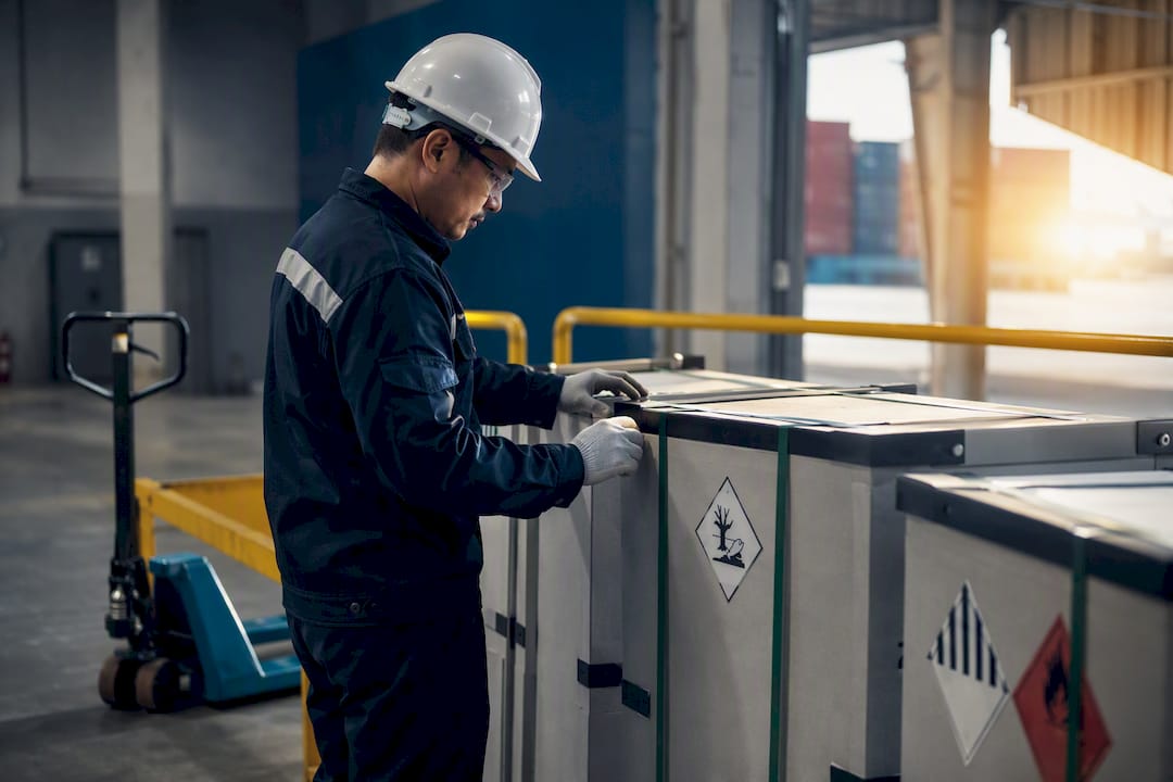 Handler inspecting dangerous goods shipping cases