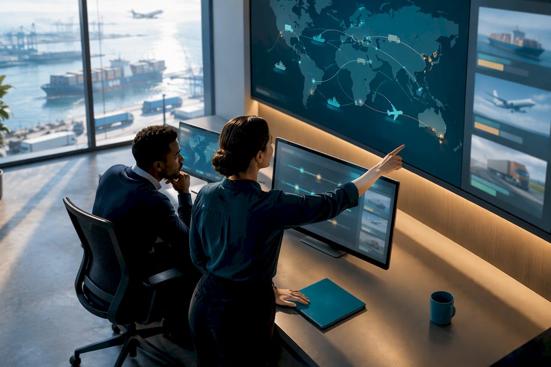 Logistics operators monitoring global order milestones