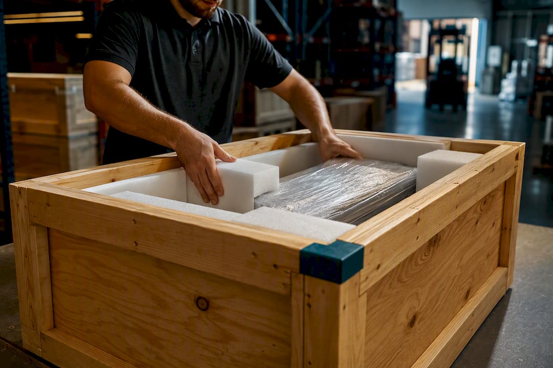 Worker securing fragile item inside shipping crate
