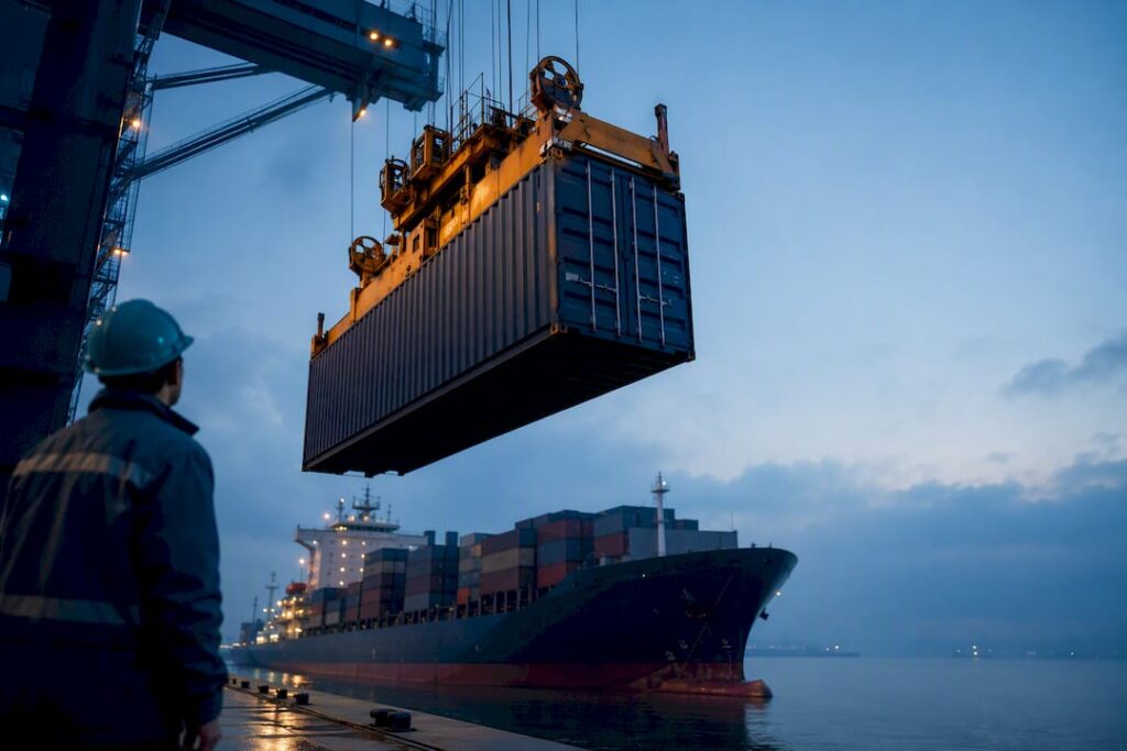 Container vessel loading import cargo at dawn