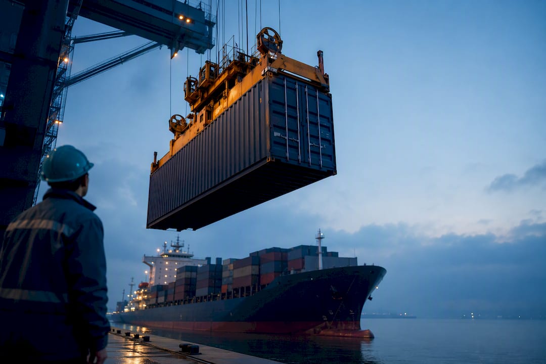 Container vessel loading import cargo at dawn