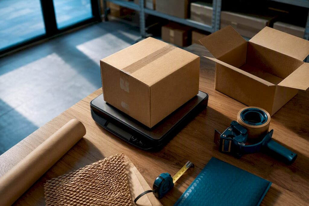 Packed parcel weighed with shipping tools