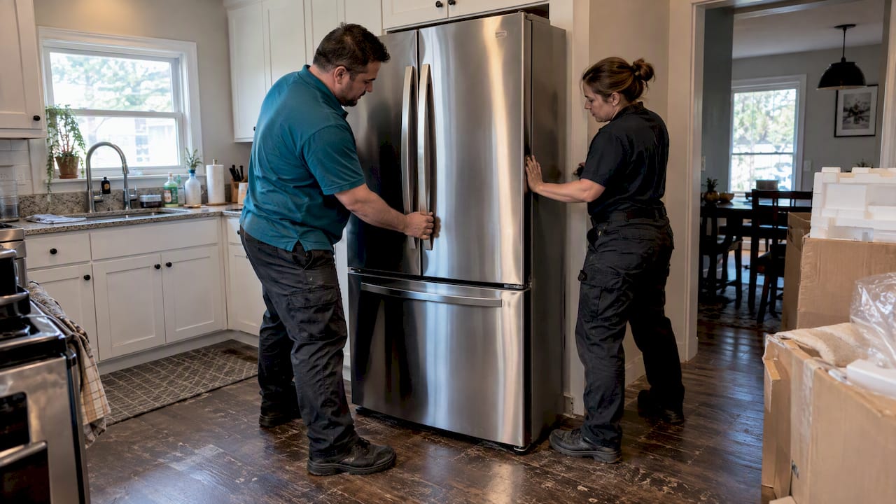 Technicians positioning a refrigerator in a kitchen