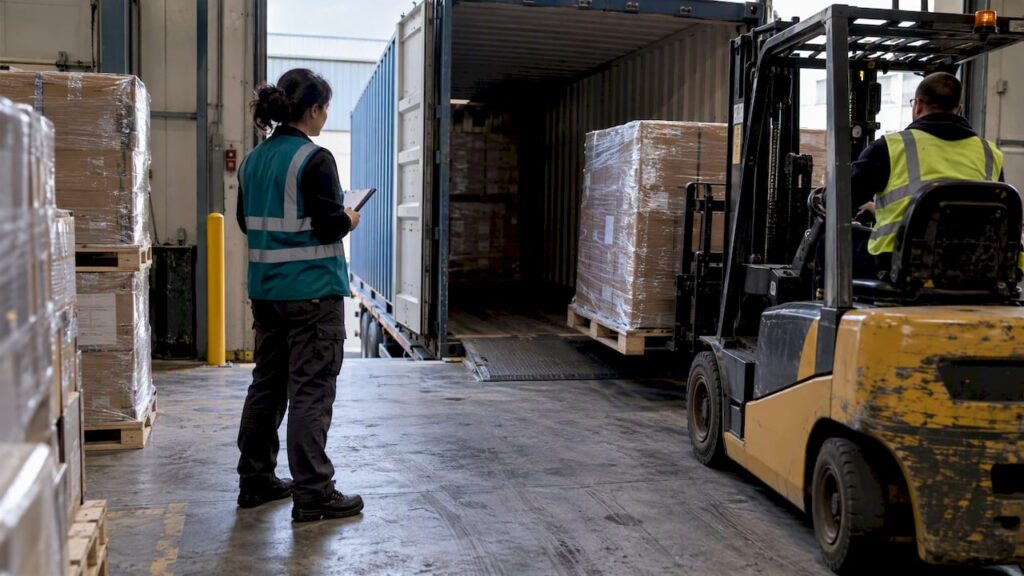Coordinator overseeing pallet loading for export