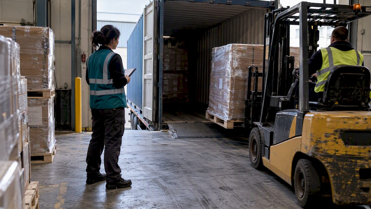 Coordinator overseeing pallet loading for export