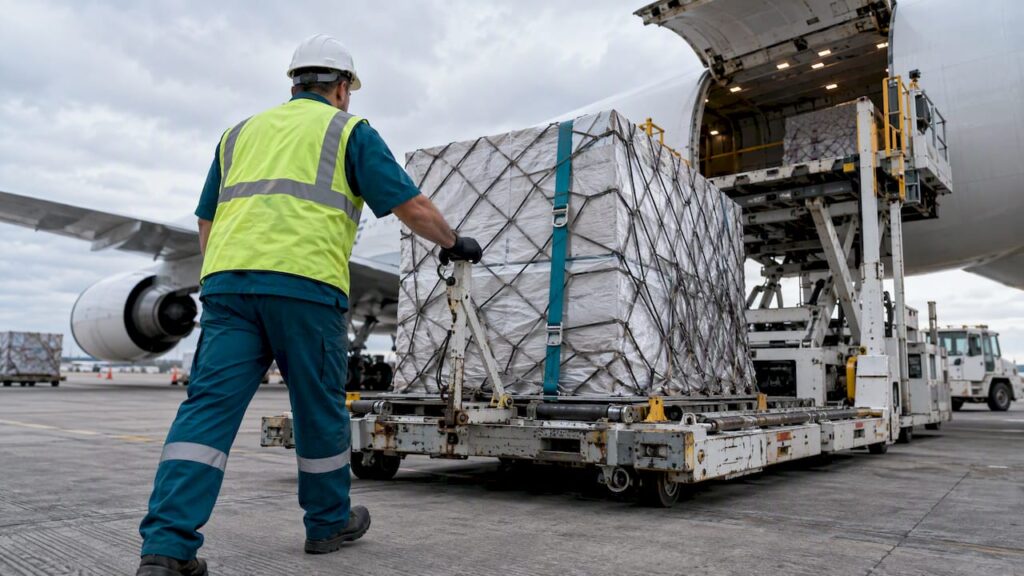 Air freight unit loaded beside cargo aircraft