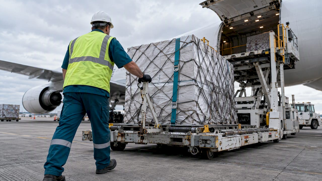 Air freight unit loaded beside cargo aircraft
