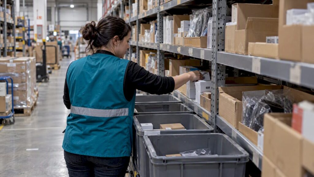 Picker placing an item into an order tote