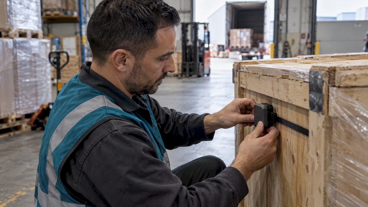 Technician attaches GPS tracker to freight crate