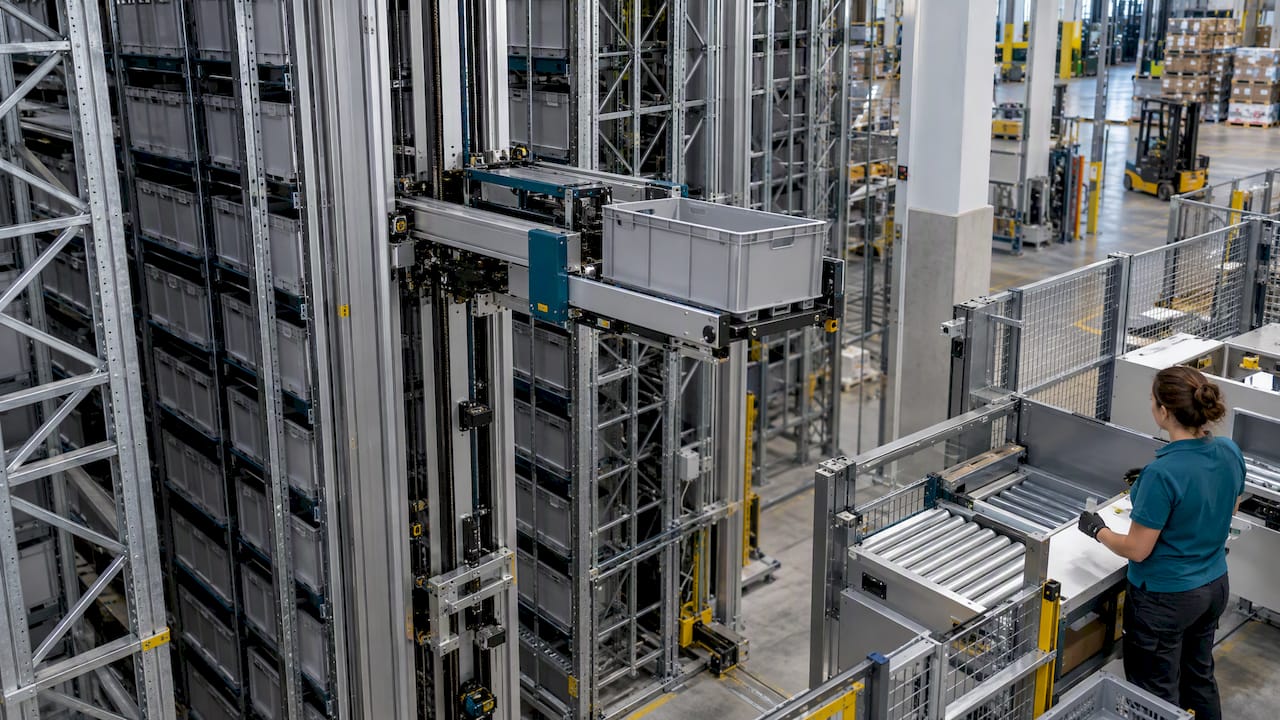 Automated system retrieving a warehouse tote