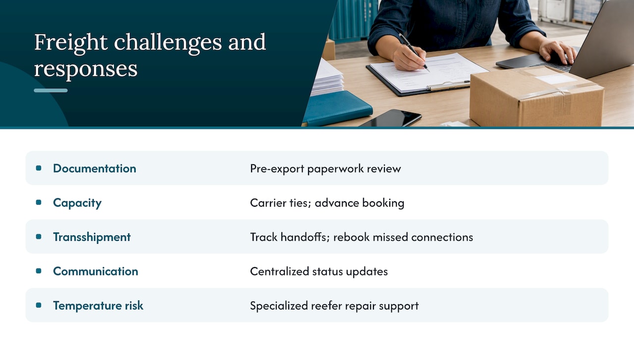 Common challenges in freight forwarding and how forwarding companies mitigate them — overview diagram