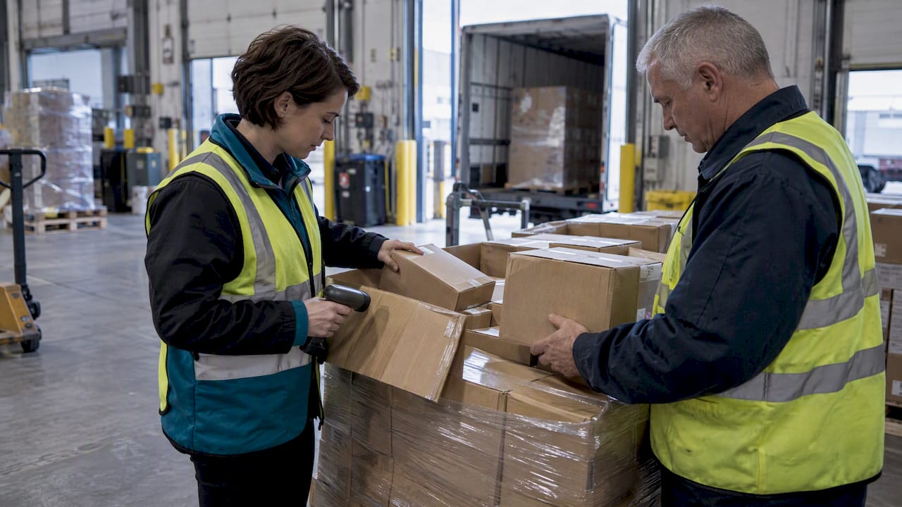 Warehouse workers receiving inbound freight cartons
