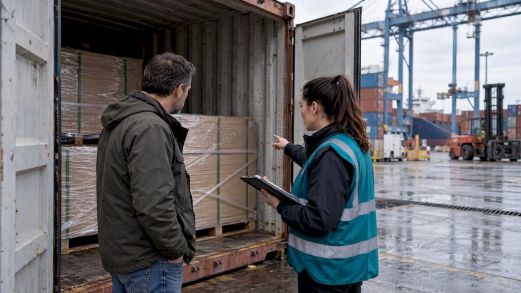 Seller and forwarder inspect arriving container
