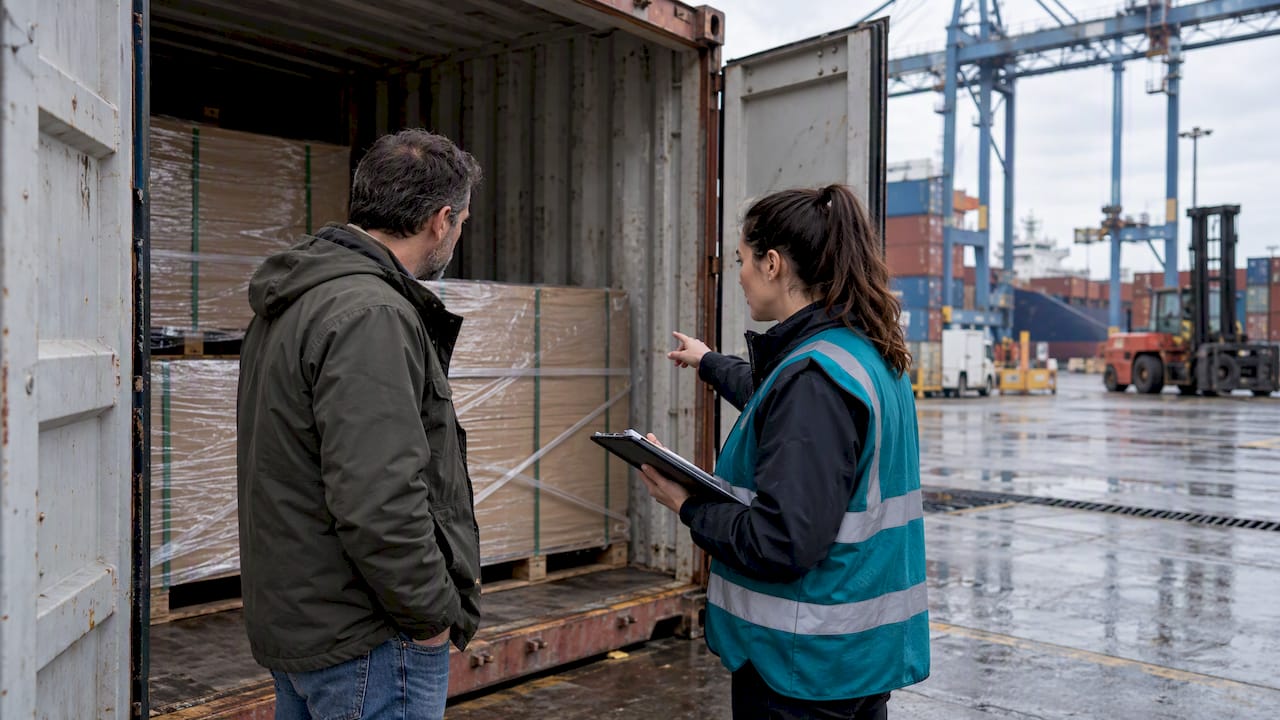 Seller and forwarder inspect arriving container