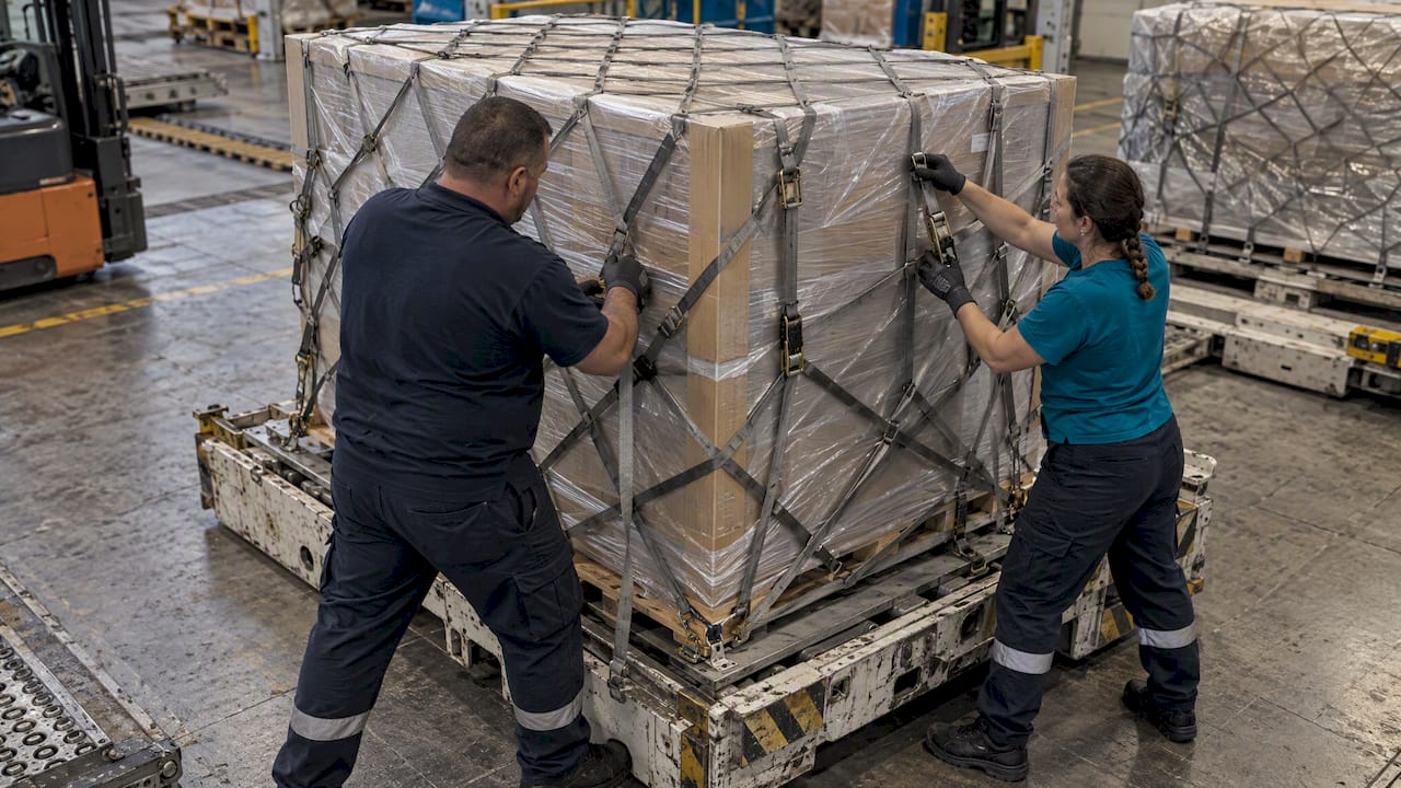 Handlers securing wrapped air cargo pallet