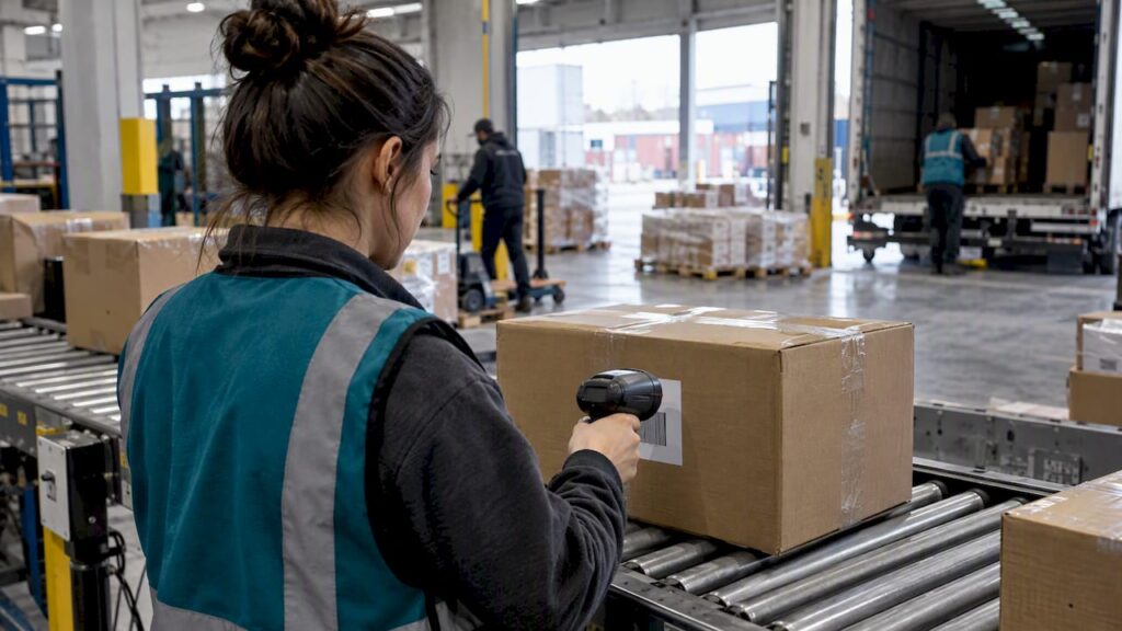 Coordinator scanning parcel shipment event
