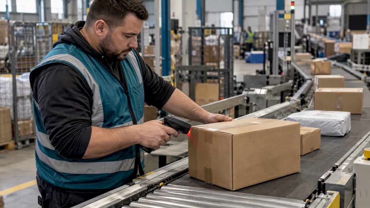 Worker scans parcel at sorting line