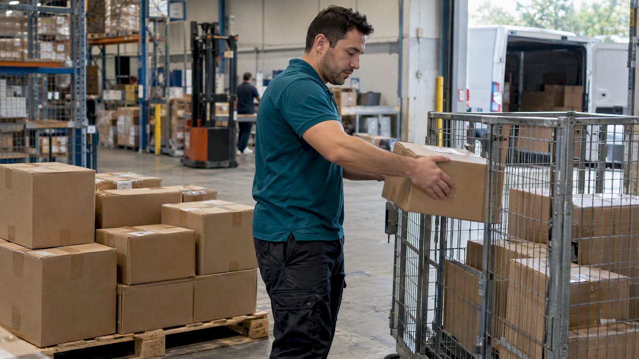 Worker separates urgent parcel for courier dispatch