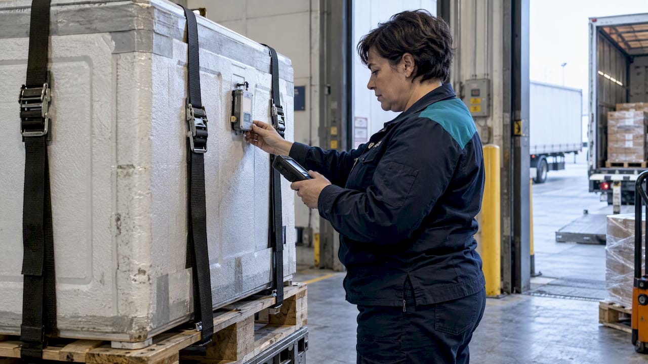 Technician checking shipment condition sensors