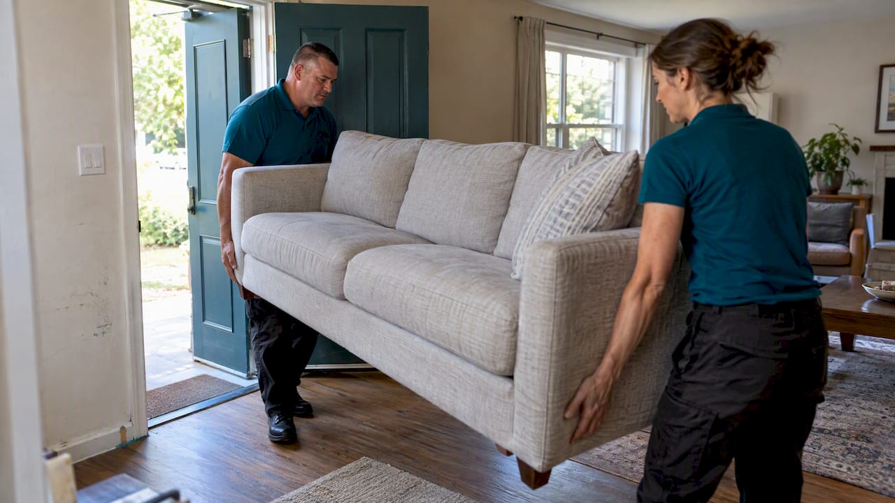 Technicians carrying a sofa into a home
