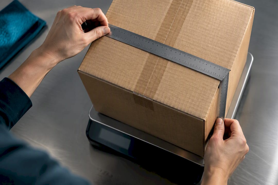 Hands measuring carton dimensions and weight